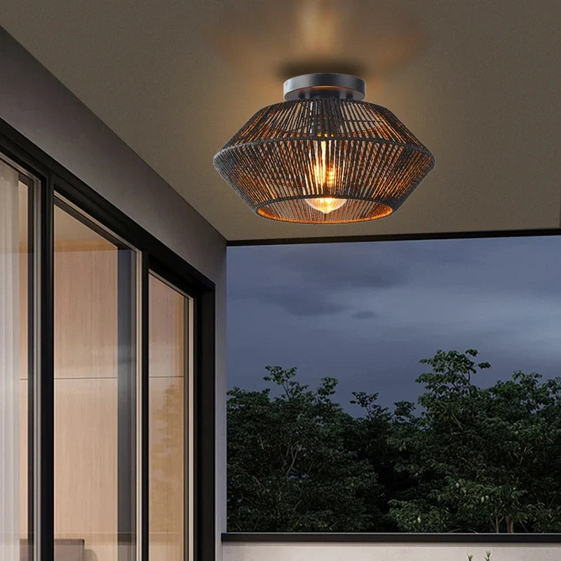 Plafonnier — Tissé de vigne rétro noir lampe tissée couloir silencieux chambre plafonnier tissé de vigne