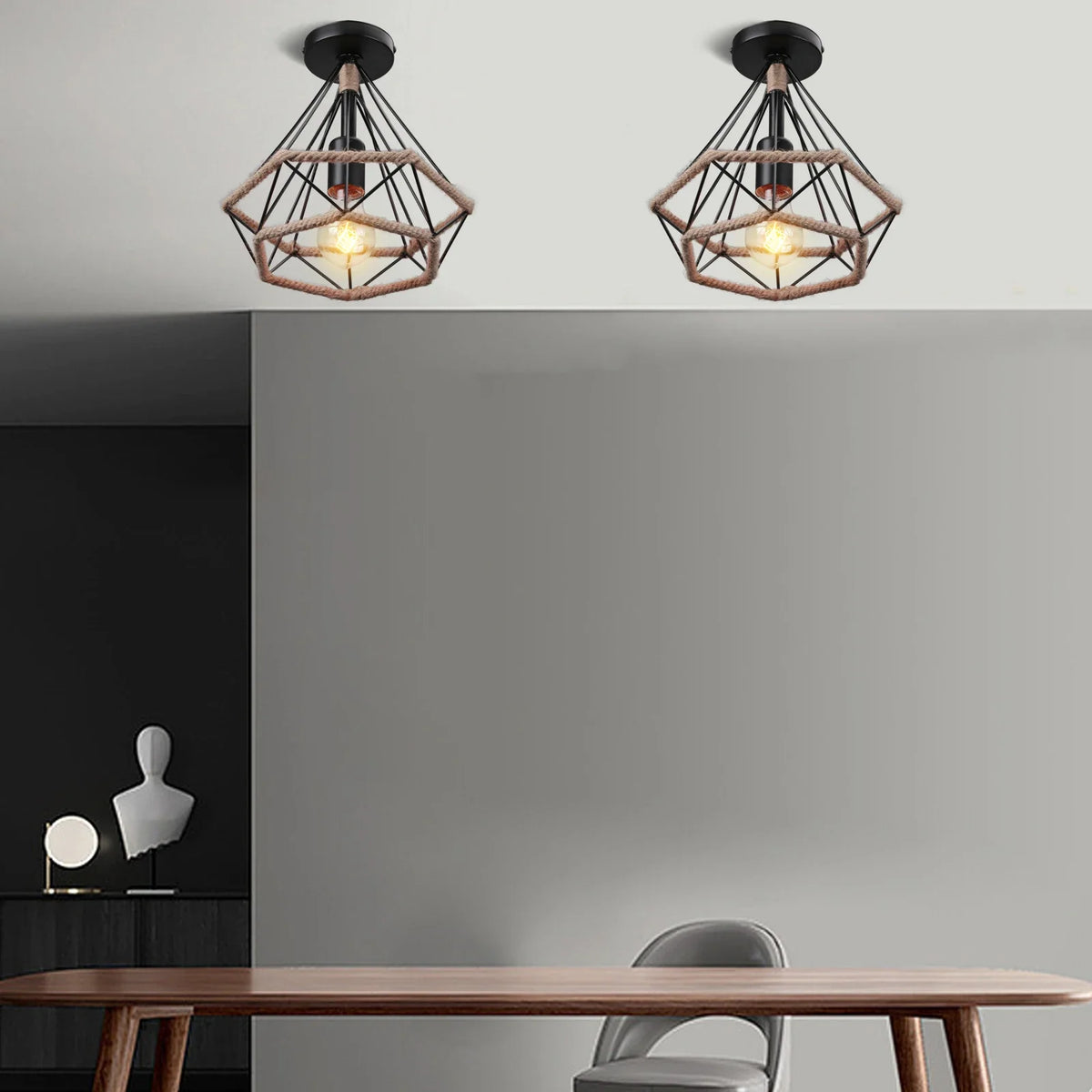 Plafonnier Vintage Éloi Brume en Corde de Chanvre et Métal