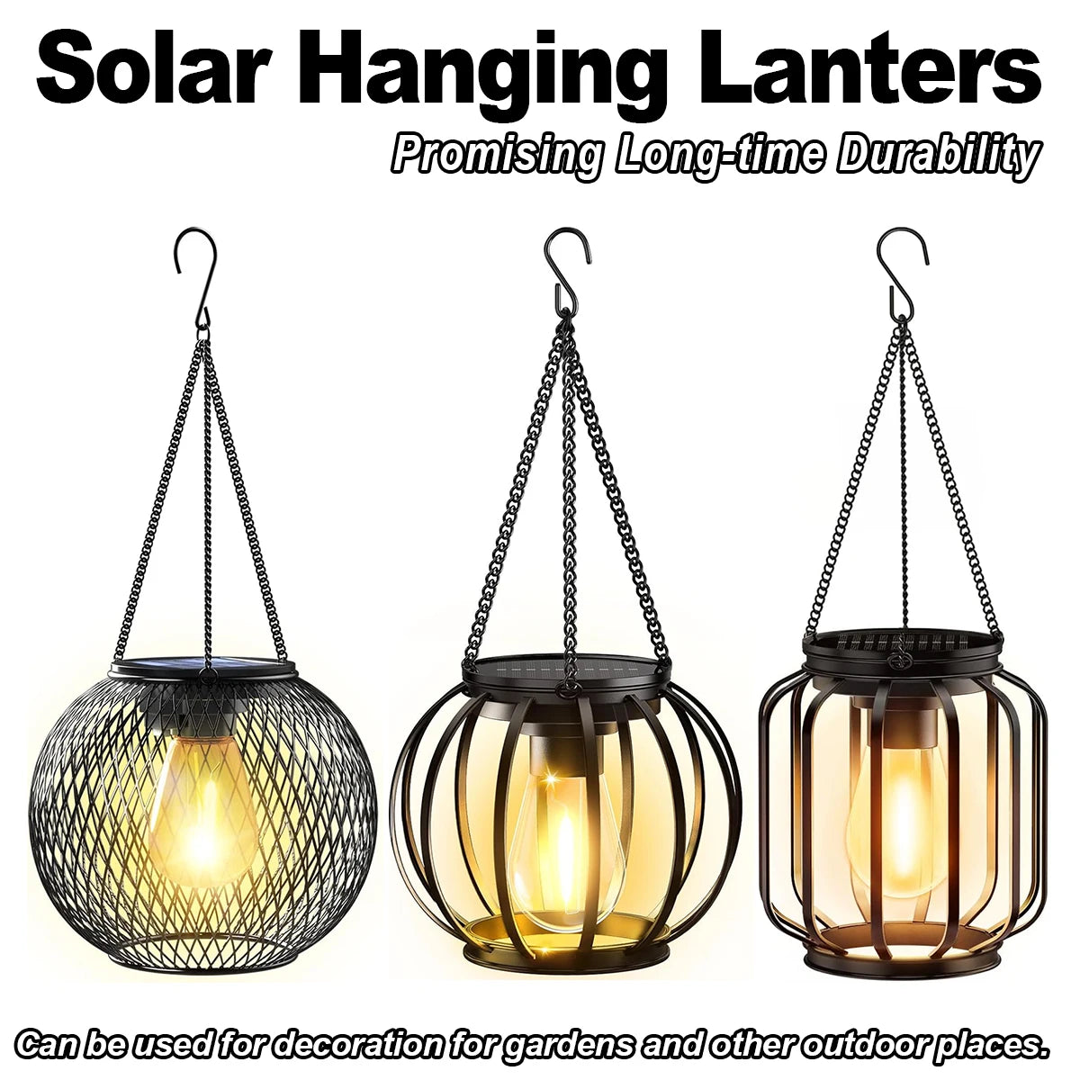 Lanterne solaire LED en fer avec chaîne et capteur de luminosité, 3000 K – Clairvaux