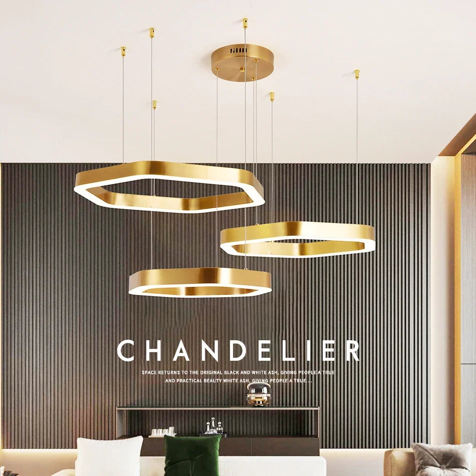 Suspension — Hexagone Design LED Lustre Moderne De Luxe En Acier Inoxydable Lampe Salon Suspension Luminaire Décor À La Maison Escalier Plafond Lustre