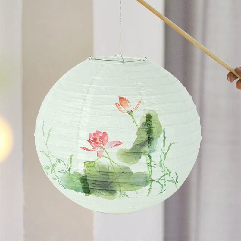 Abat-jour rond en papier à motifs de pin, lotus ou prunier japonais – Florélis