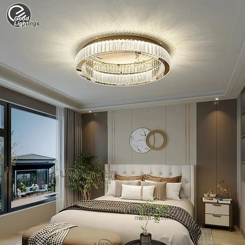 Plafonnier — LED ronde en cristal pour chambre à coucher salon Foyer salle à manger moderne luxe en acier inoxydable plafonnier en cristal