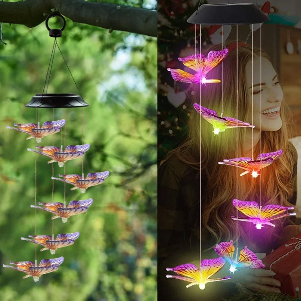 lampe solaire led colorée avec boule cristal papillon pour jardin