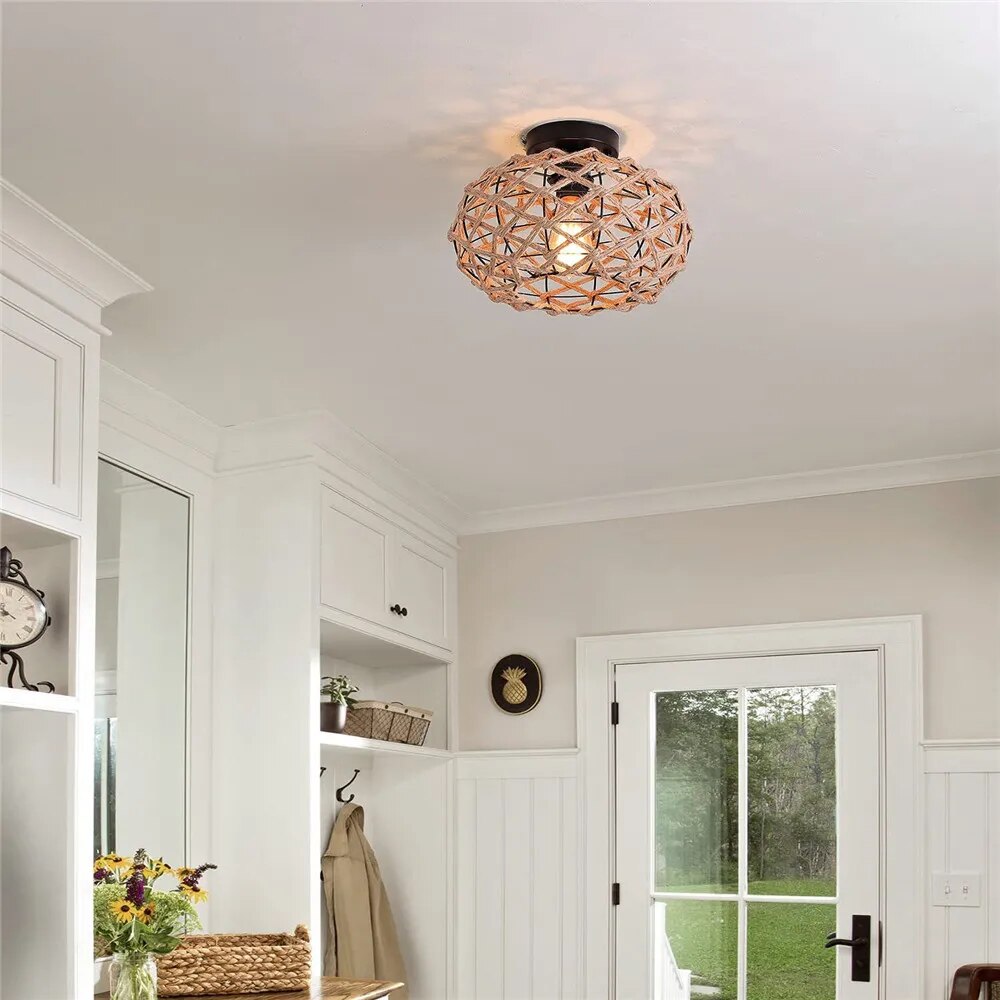 Plafonnier — Tissé rustique corde chanvre plafond couloir ferme noir
