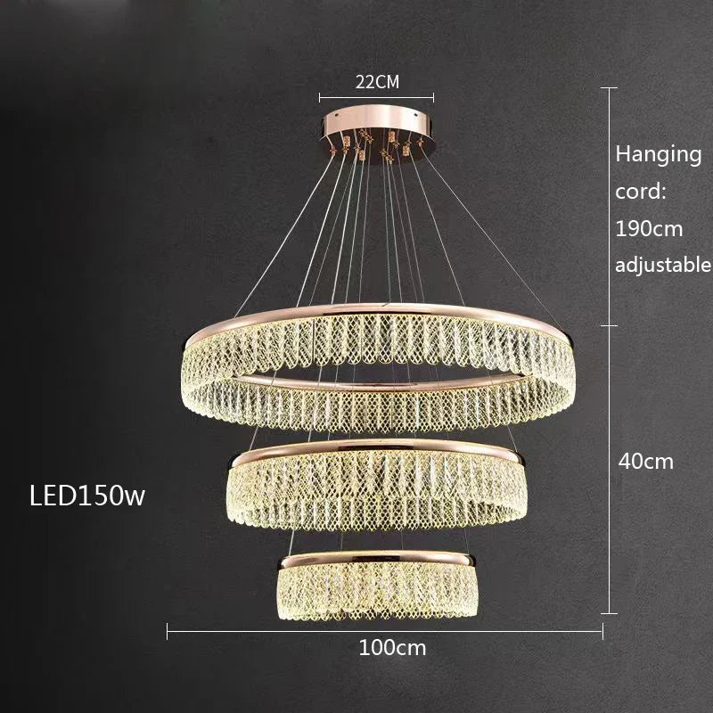 Lustre — LED en cristal losange rond à plusieurs anneaux luxueux