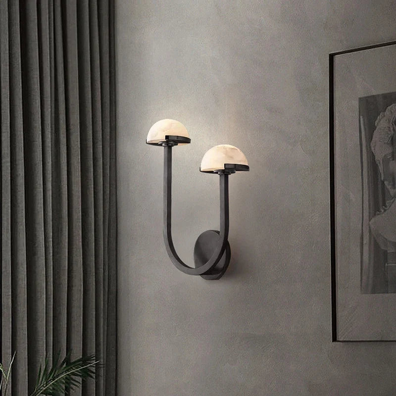 Applique murale — Style Américain Vintage Double Demi Boule Couloir Escalier Lampe Noir Cuivre LED Chambre Salon Marbre Décoratif Applique Murale