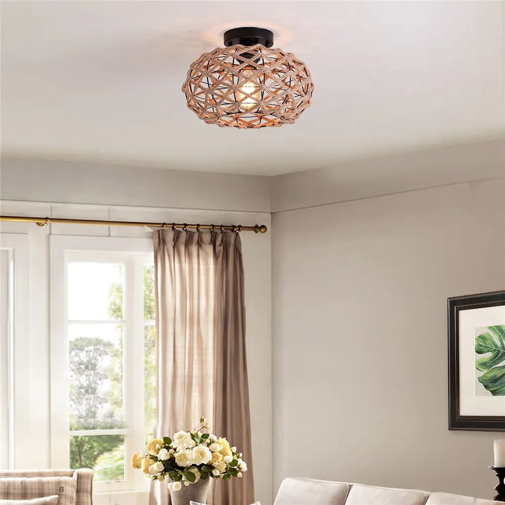 Plafonnier — Tissé rustique corde chanvre plafond couloir ferme noir