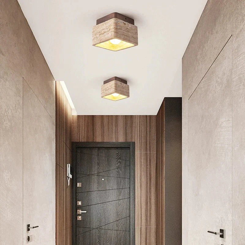 Plafonnier — LED nordique moderne Downlight carré pierre bois crème Style Surface monté vers le bas lumière pour porche balcon couloir
