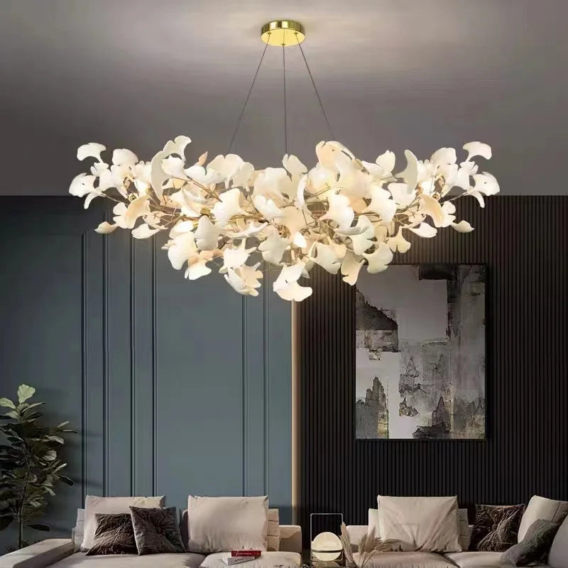 Lustre — Ginkgo feuille cage d'escalier long lustre lumière atmosphérique villa de luxe duplex bâtiment loft hall d'hôtel lampes d'art créatives