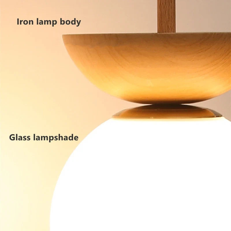 Abat-jour — LED rond en verre avec abat jour en bois