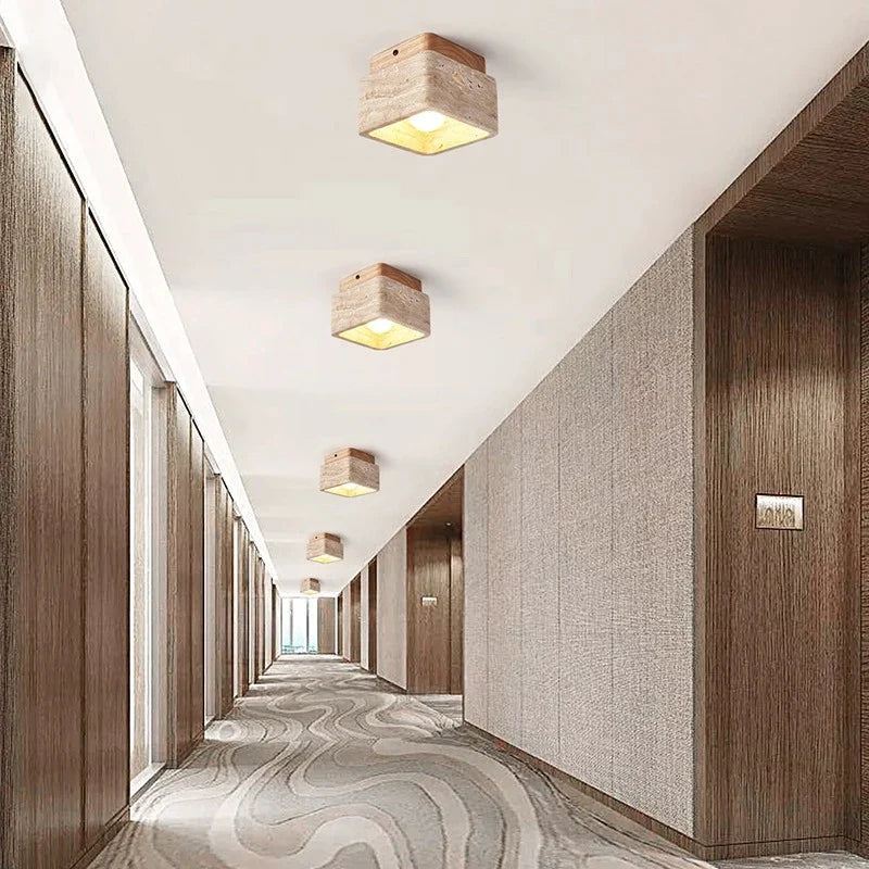 Plafonnier — LED nordique moderne Downlight carré pierre bois crème Style Surface monté vers le bas lumière pour porche balcon couloir