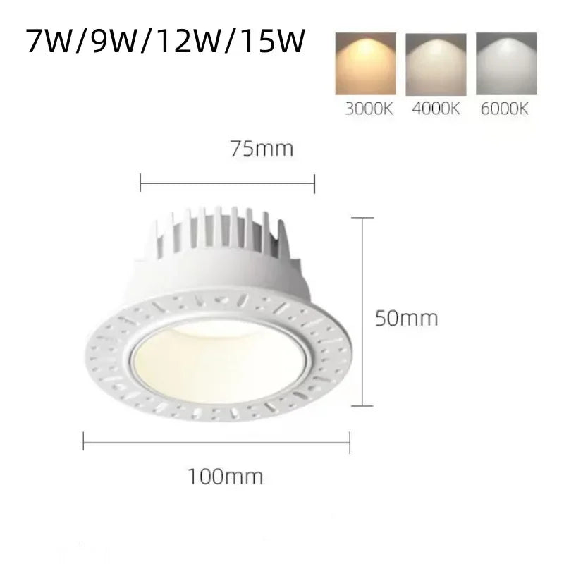 Spot de plafond COB encastré sans bord anti-éblouissement à intensité variable 7W 9W 12W 15W 85-265V pour hôtel et villa Suzon Clairval en Aluminium - Caractère & Élégance dans le Décor