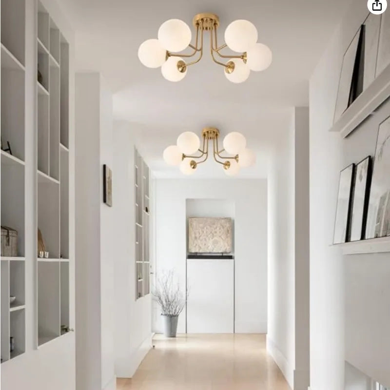 Abat-jour — Moderne en fer forgé chambre salon lampe de porche avec abat-jour sphérique en verre blanc plafonnier semi-encastré
