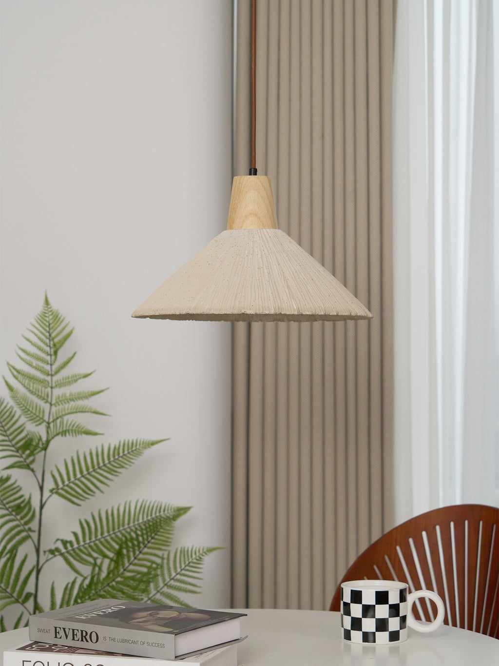 Suspension Bois Dessus Texturé Ciment Abat-jour Gris Naturel Japandi - Neutralighting