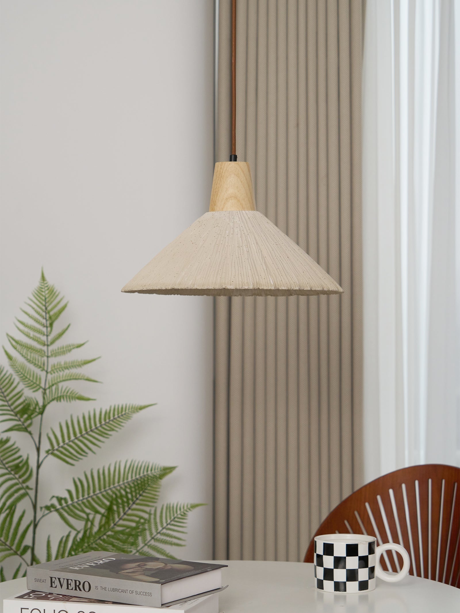 Suspension Bois Dessus Texturé Ciment Abat-jour Gris Naturel Japandi - Neutralighting