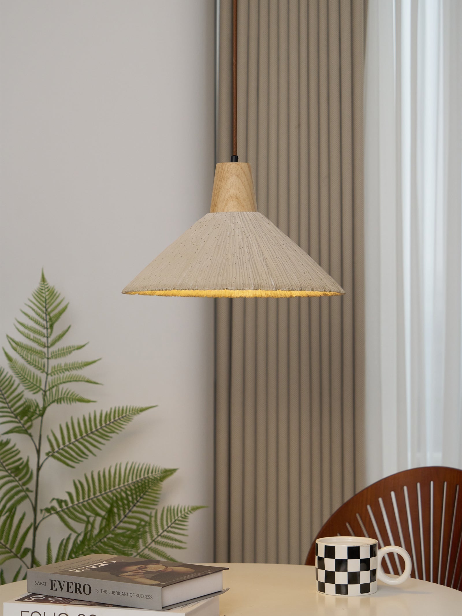 Suspension Bois Dessus Texturé Ciment Abat-jour Gris Naturel Japandi - Neutralighting