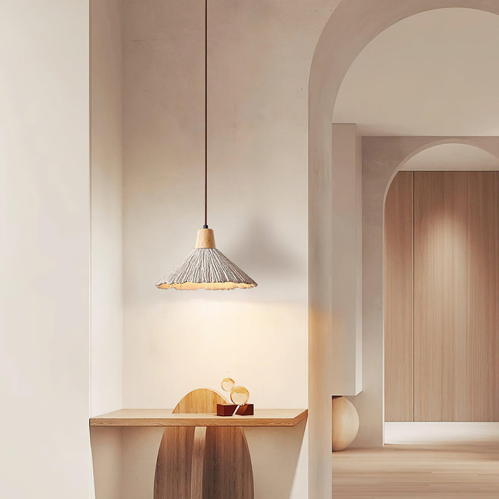 Suspension Bois Dessus Texturé Ciment Abat-jour Gris Naturel Japandi - Neutralighting
