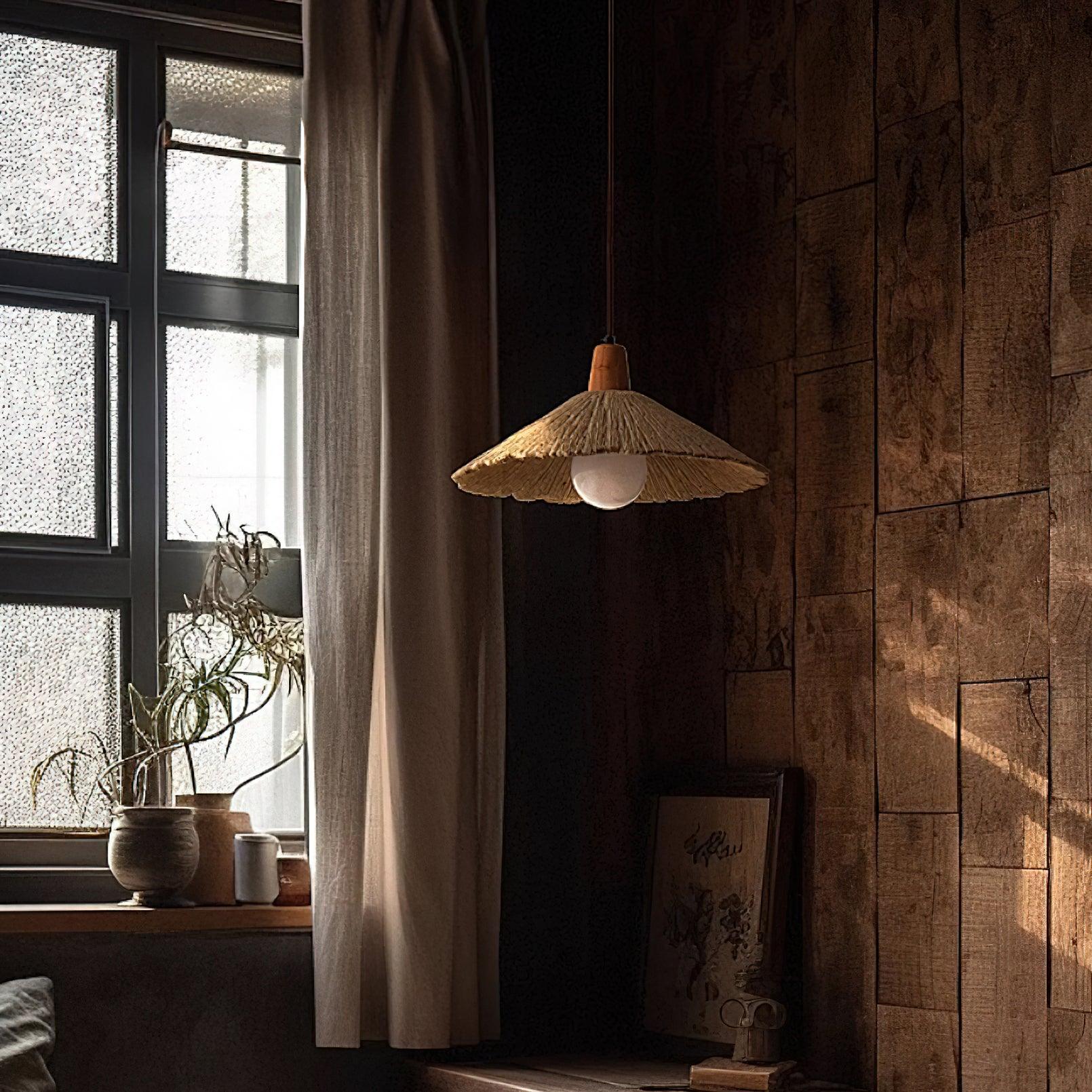 Suspension Bois Dessus Texturé Ciment Abat-jour Gris Naturel Japandi - Neutralighting