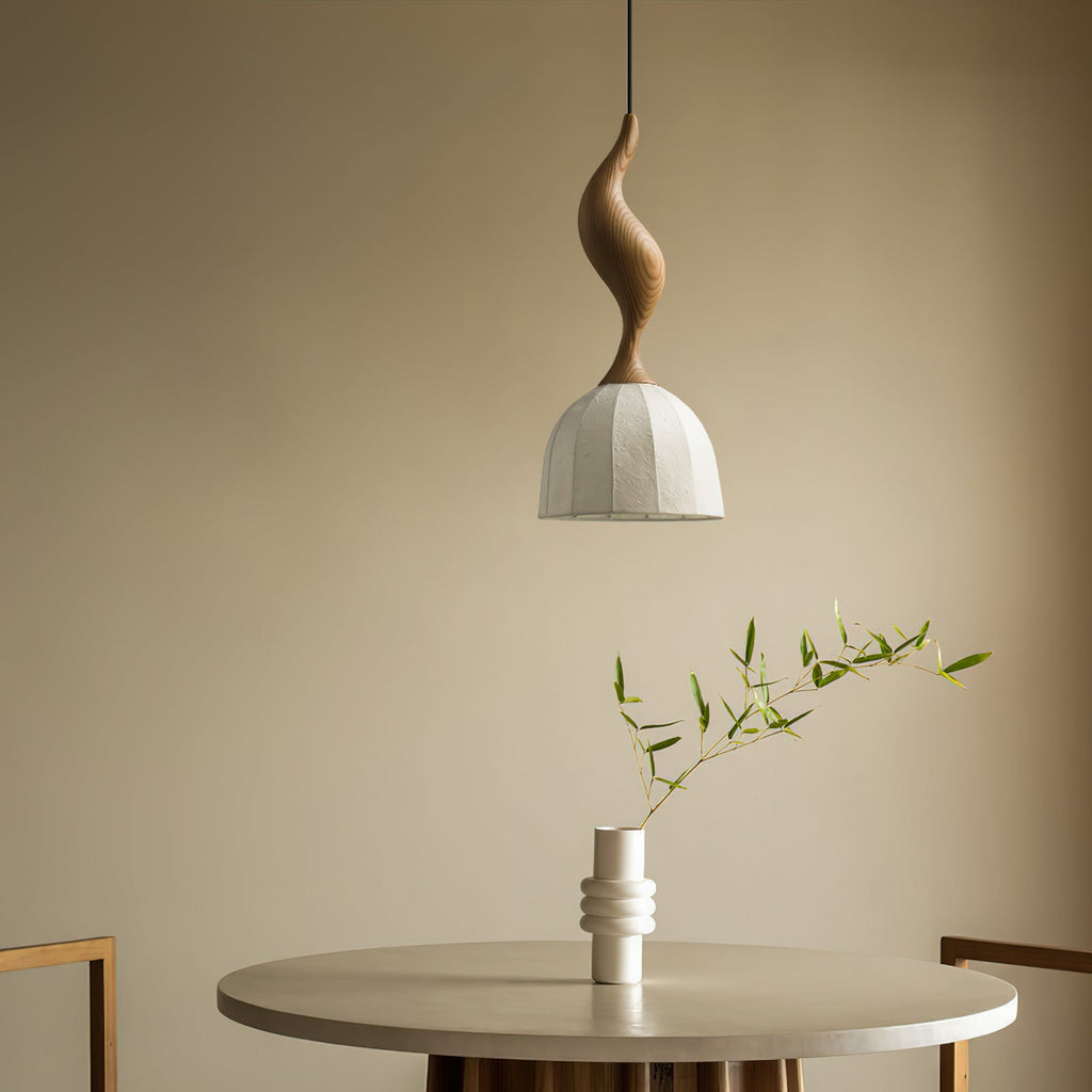 Solia Lampe Pendante Tige Courbée Tissu Bois - Neutralighting