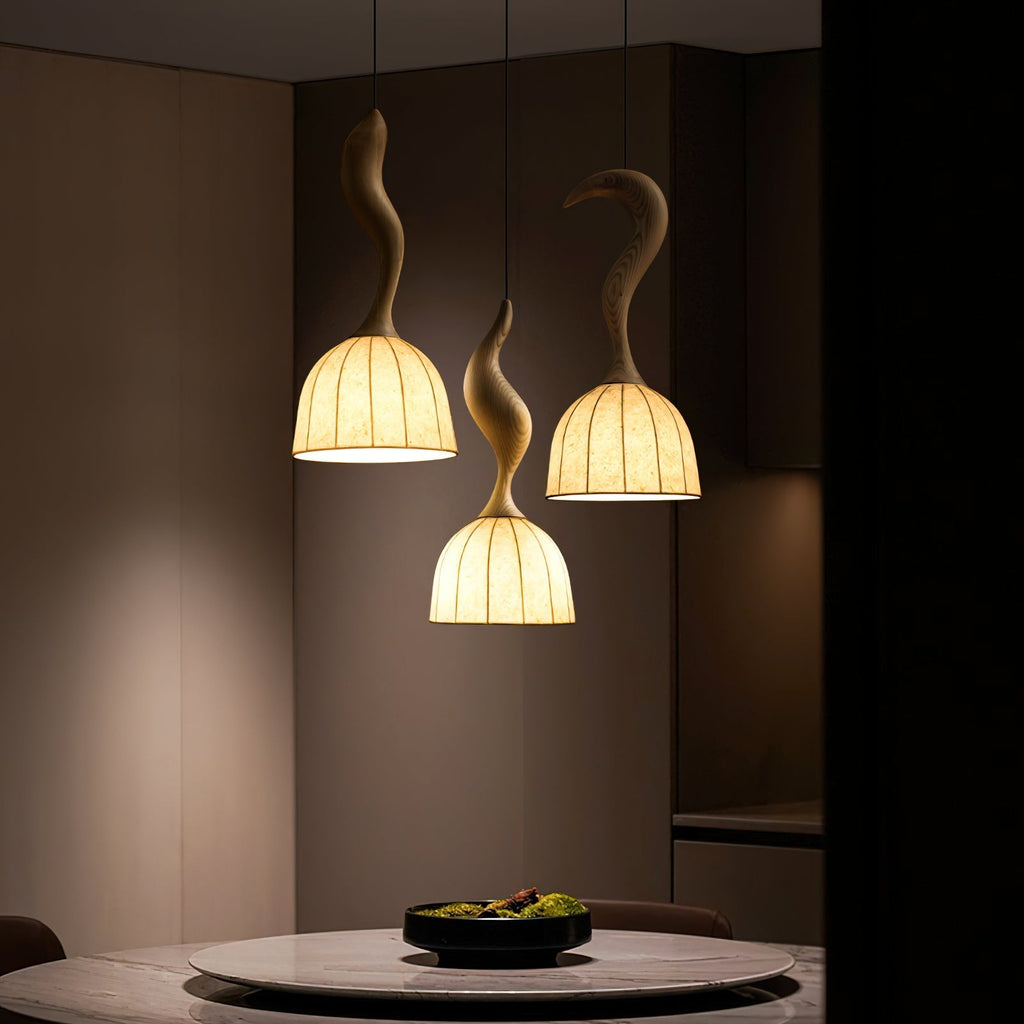 Solia Lampe Pendante Tige Courbée Tissu Bois - Neutralighting