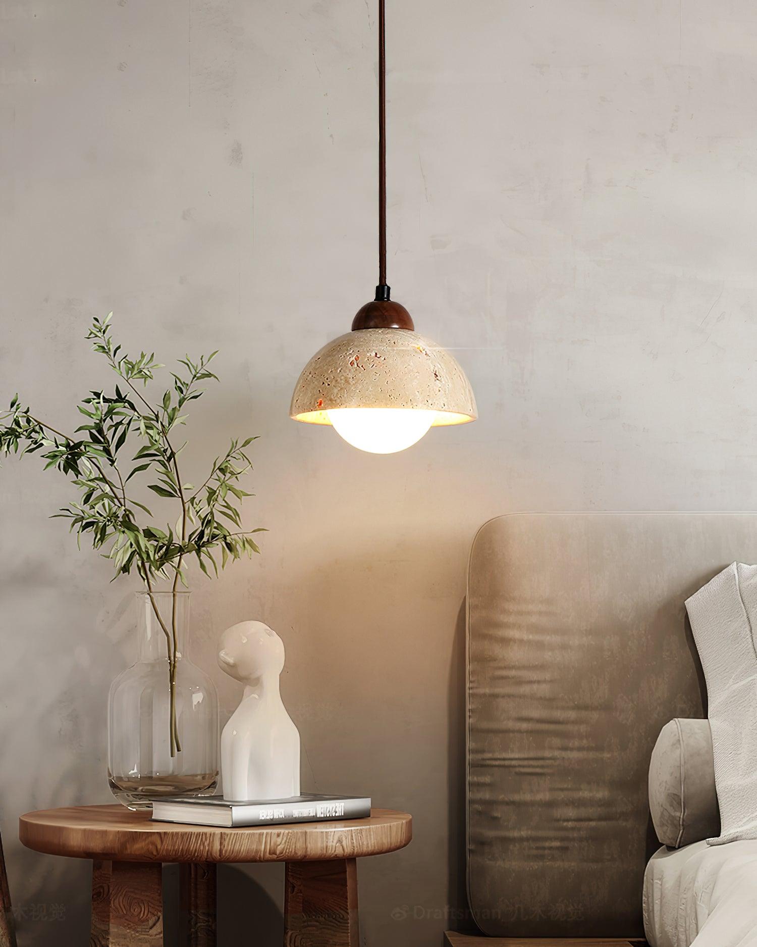 Suspension Bois Dessus Jaune Travertin Verre Blanc Beige Moderne - Neutralighting