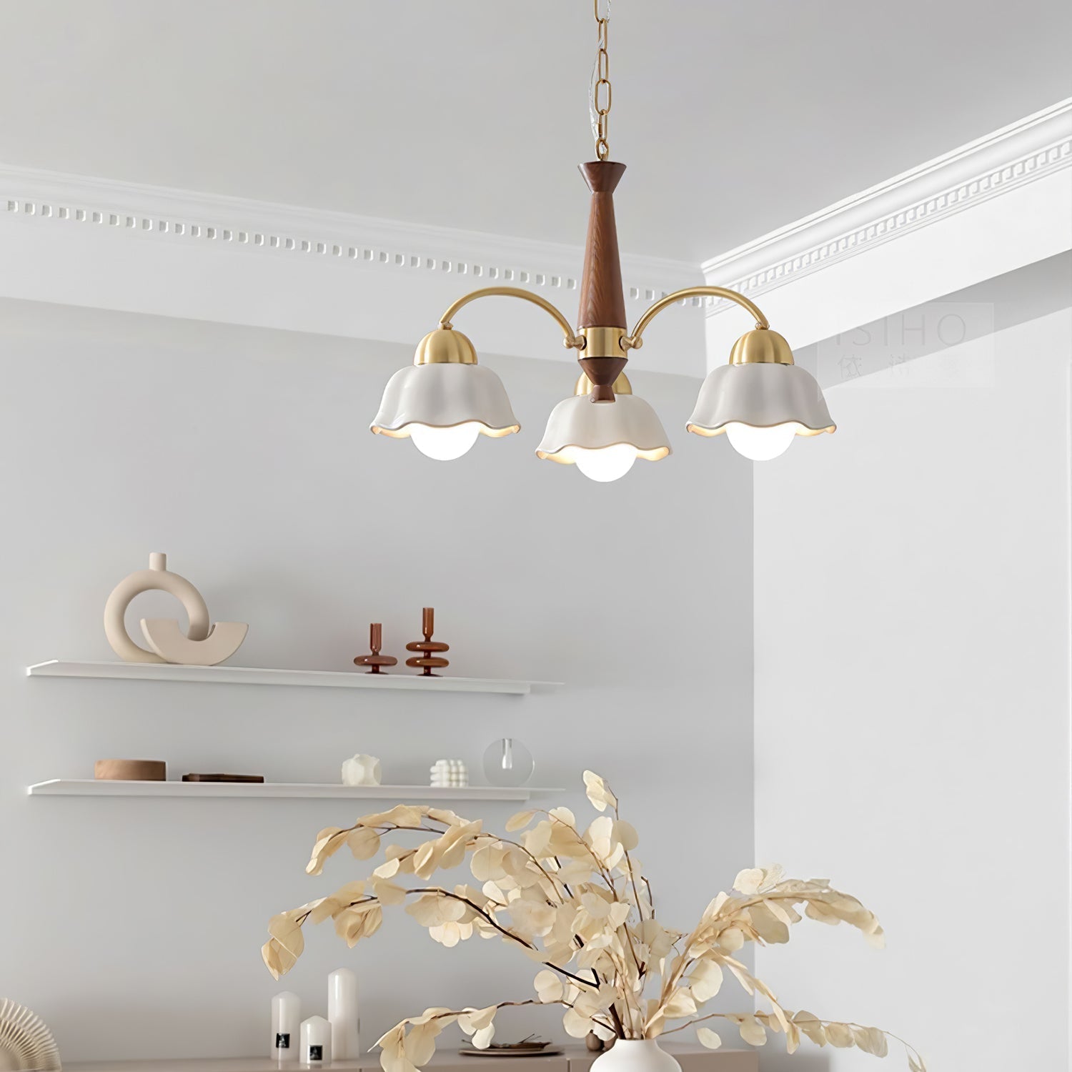 Lustra Chandelier Laiton Bois Opaline Céramique - Neutralighting
