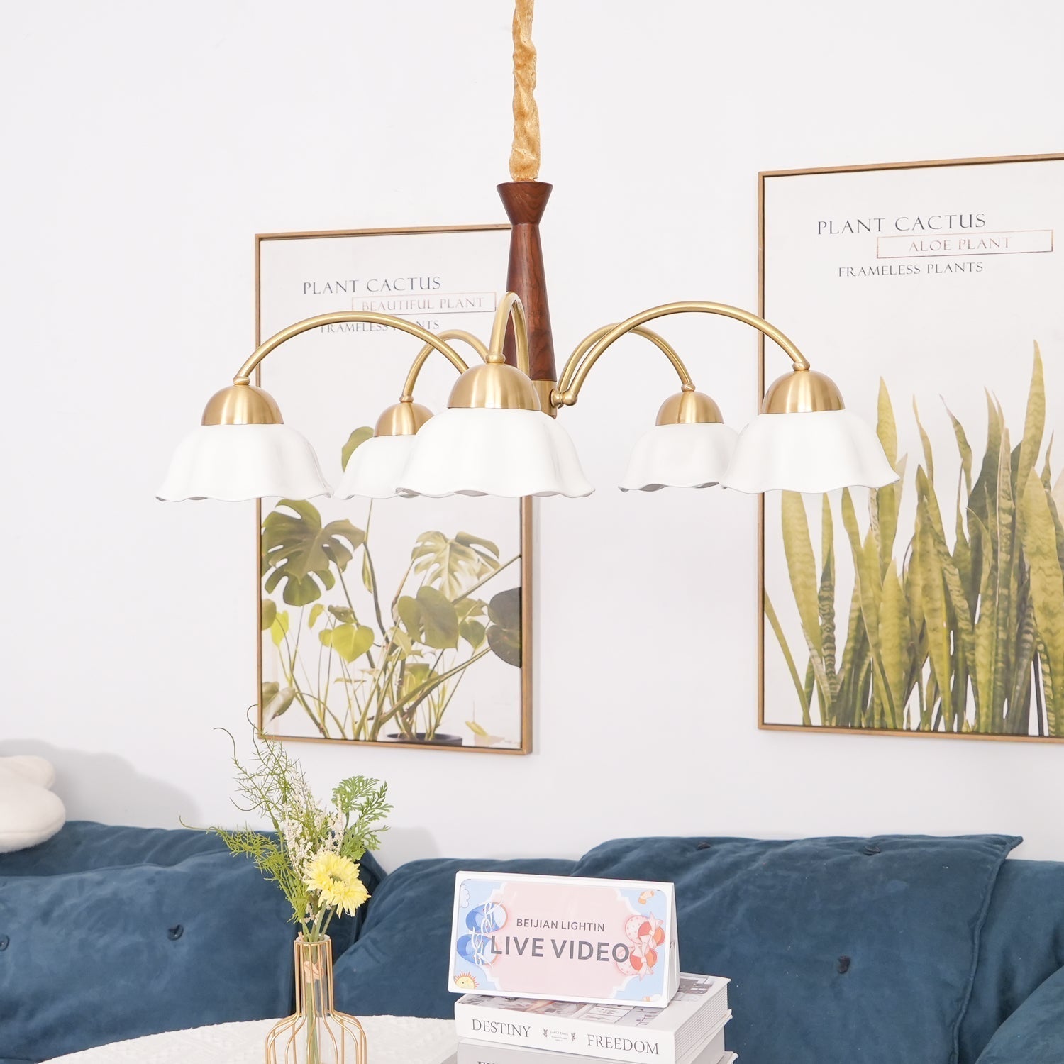 Lustra Chandelier Laiton Bois Opaline Céramique - Neutralighting
