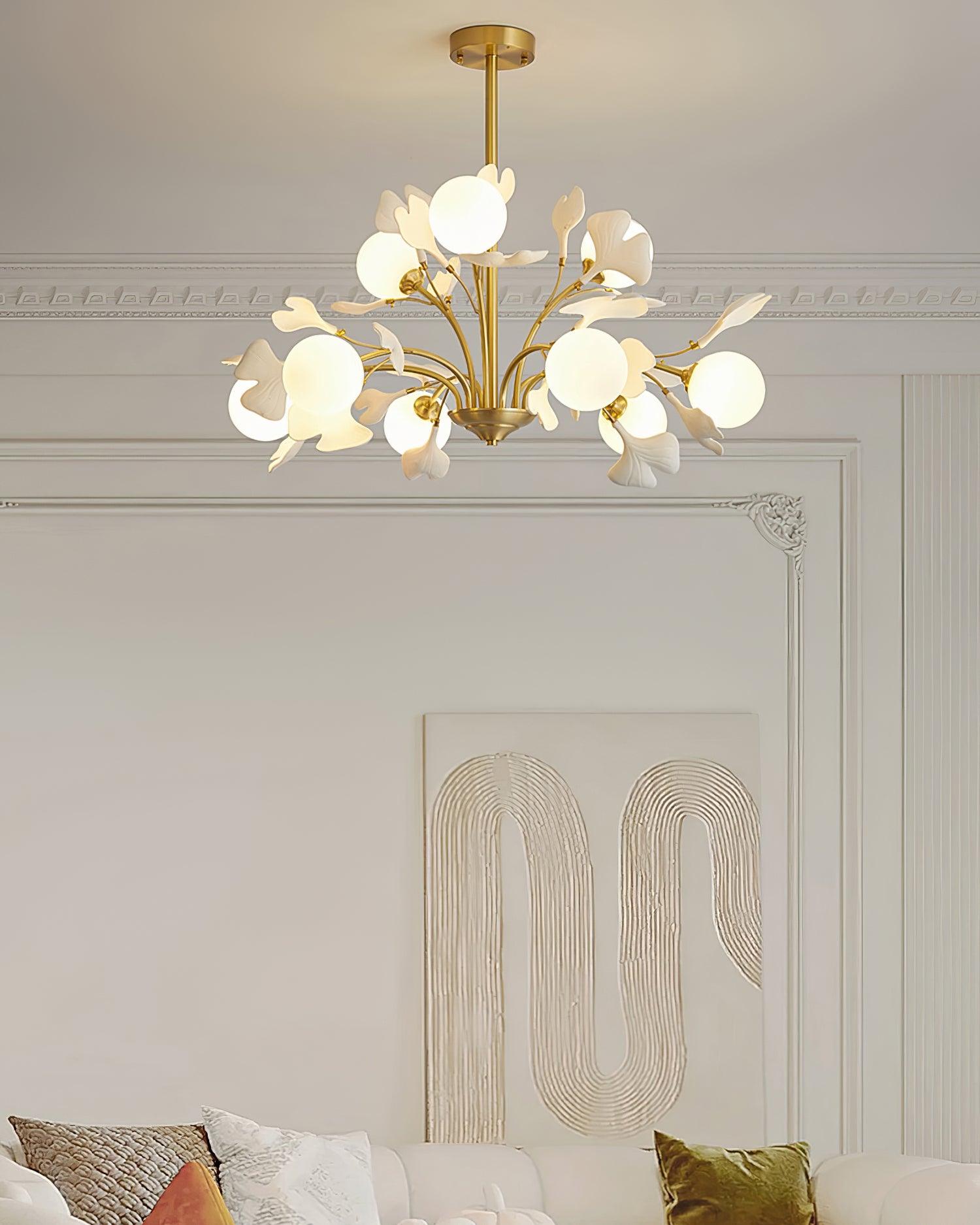Lustra Chandelier Feuille de Ginkgo Laiton Verre - Neutralighting