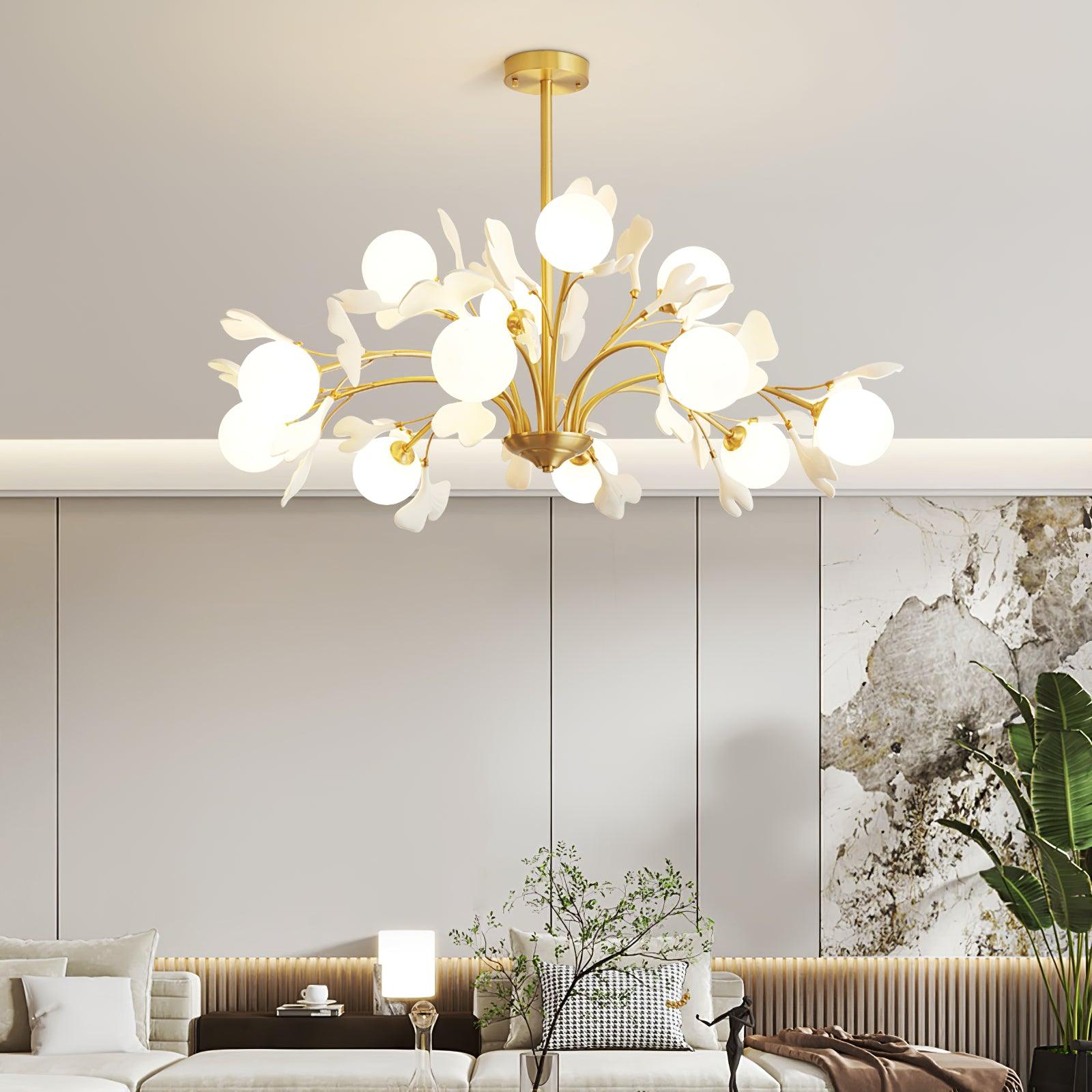 Lustra Chandelier Feuille de Ginkgo Laiton Verre - Neutralighting