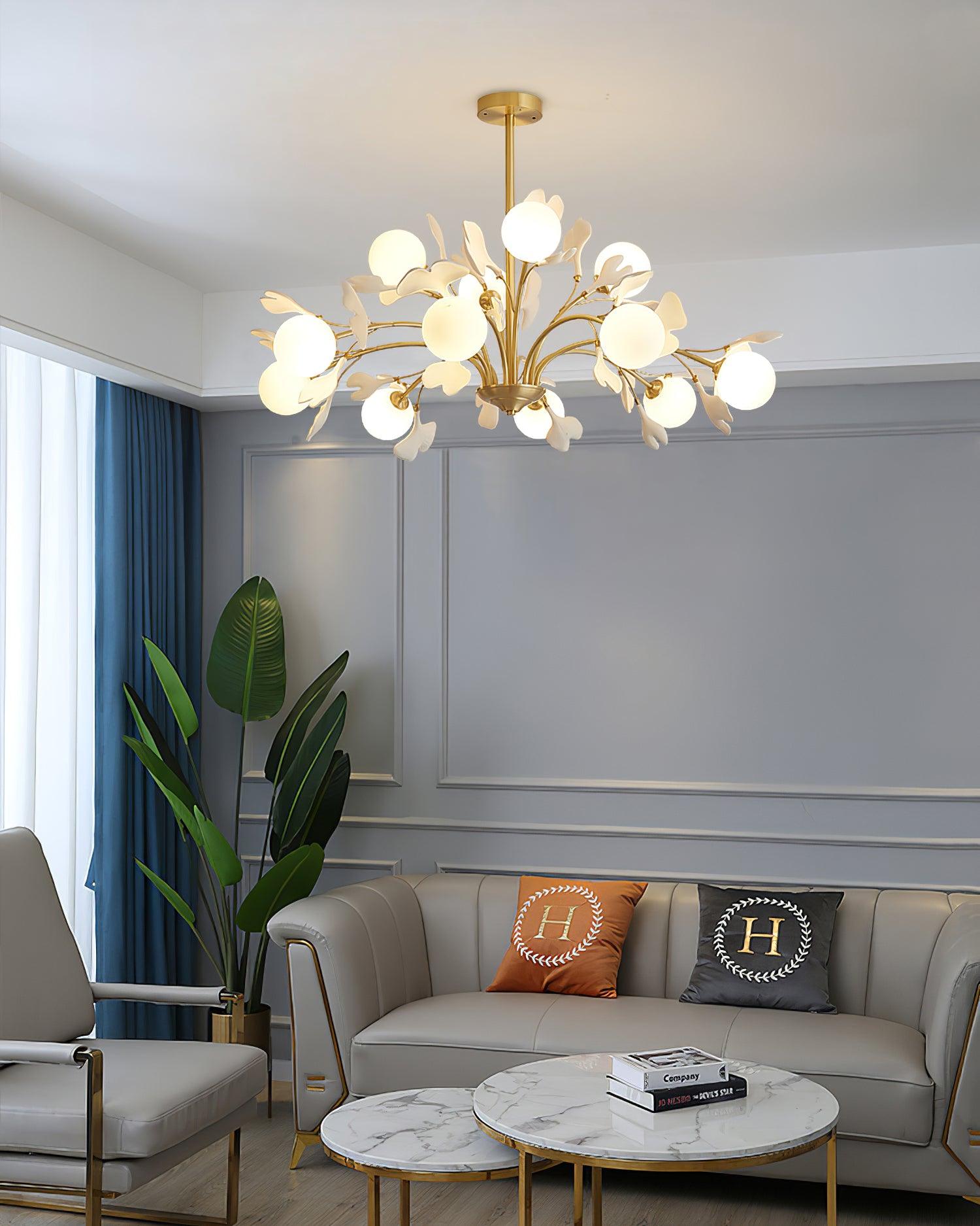 Lustra Chandelier Feuille de Ginkgo Laiton Verre - Neutralighting