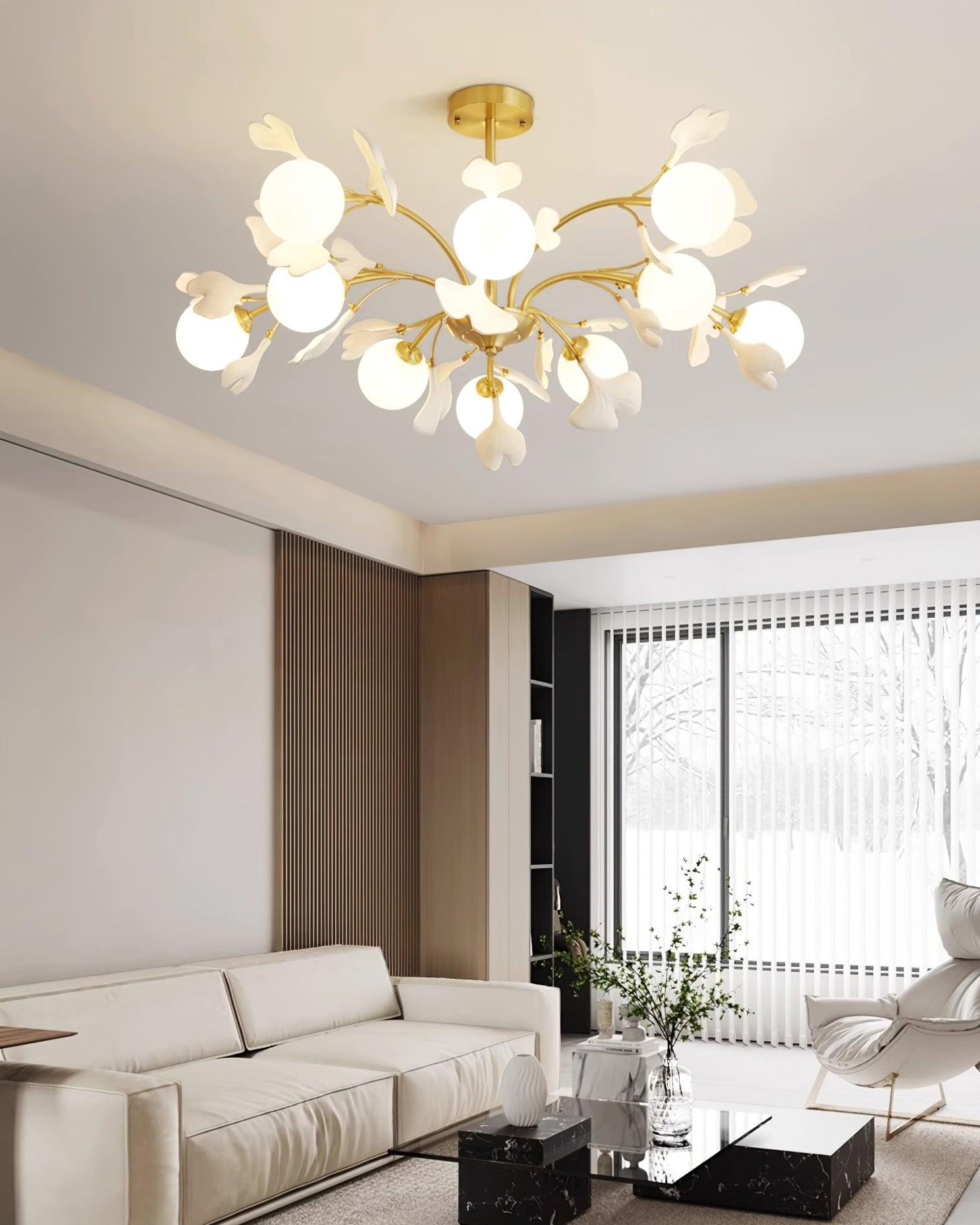 Lustra Chandelier Feuille de Ginkgo Laiton Verre - Neutralighting