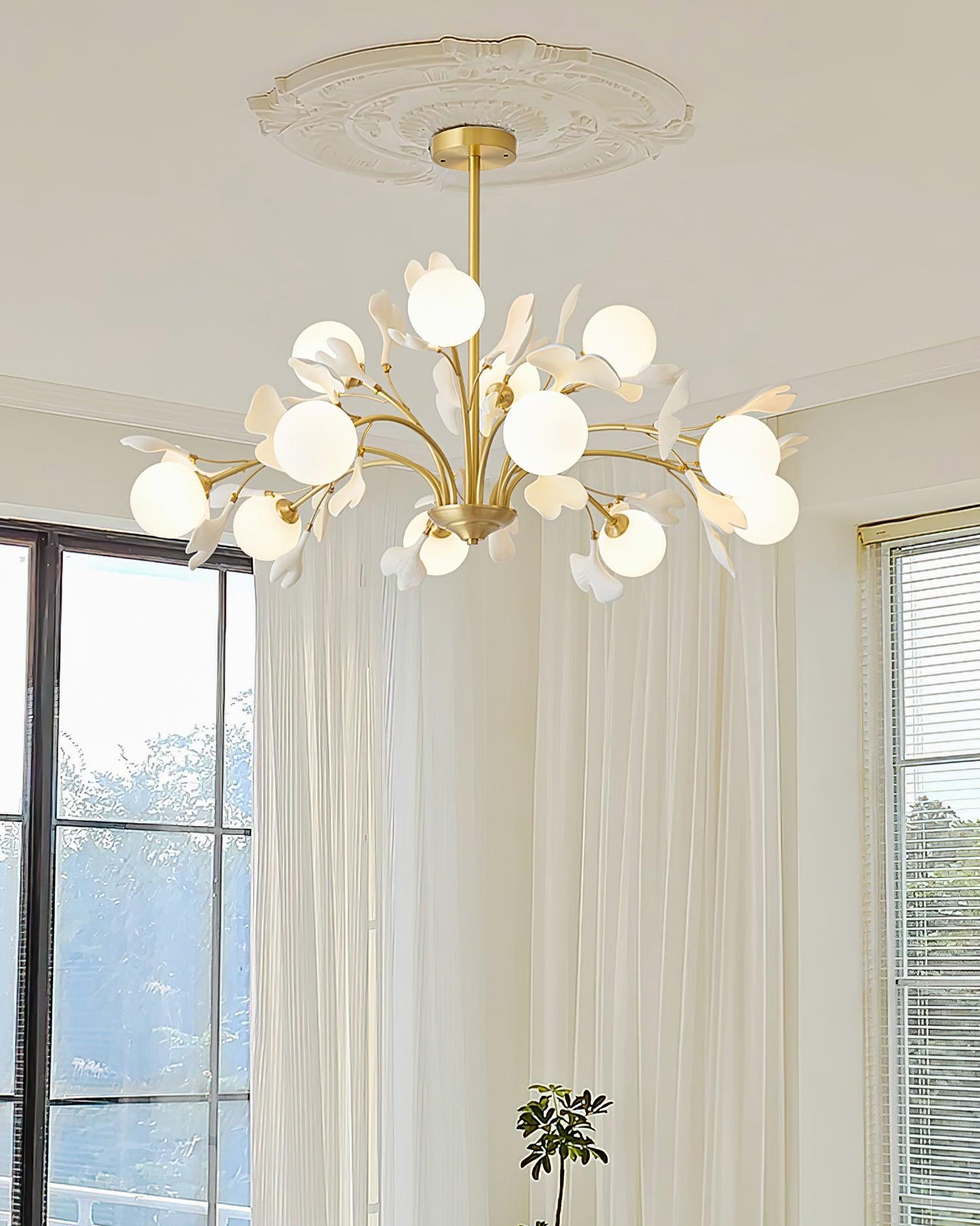 Lustra Chandelier Feuille de Ginkgo Laiton Verre - Neutralighting