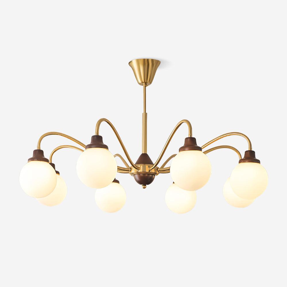 Lustre doré Avec Bras en Bois de Frêne et Globes en Verre Blanc, Style Rétro - Neutralighting