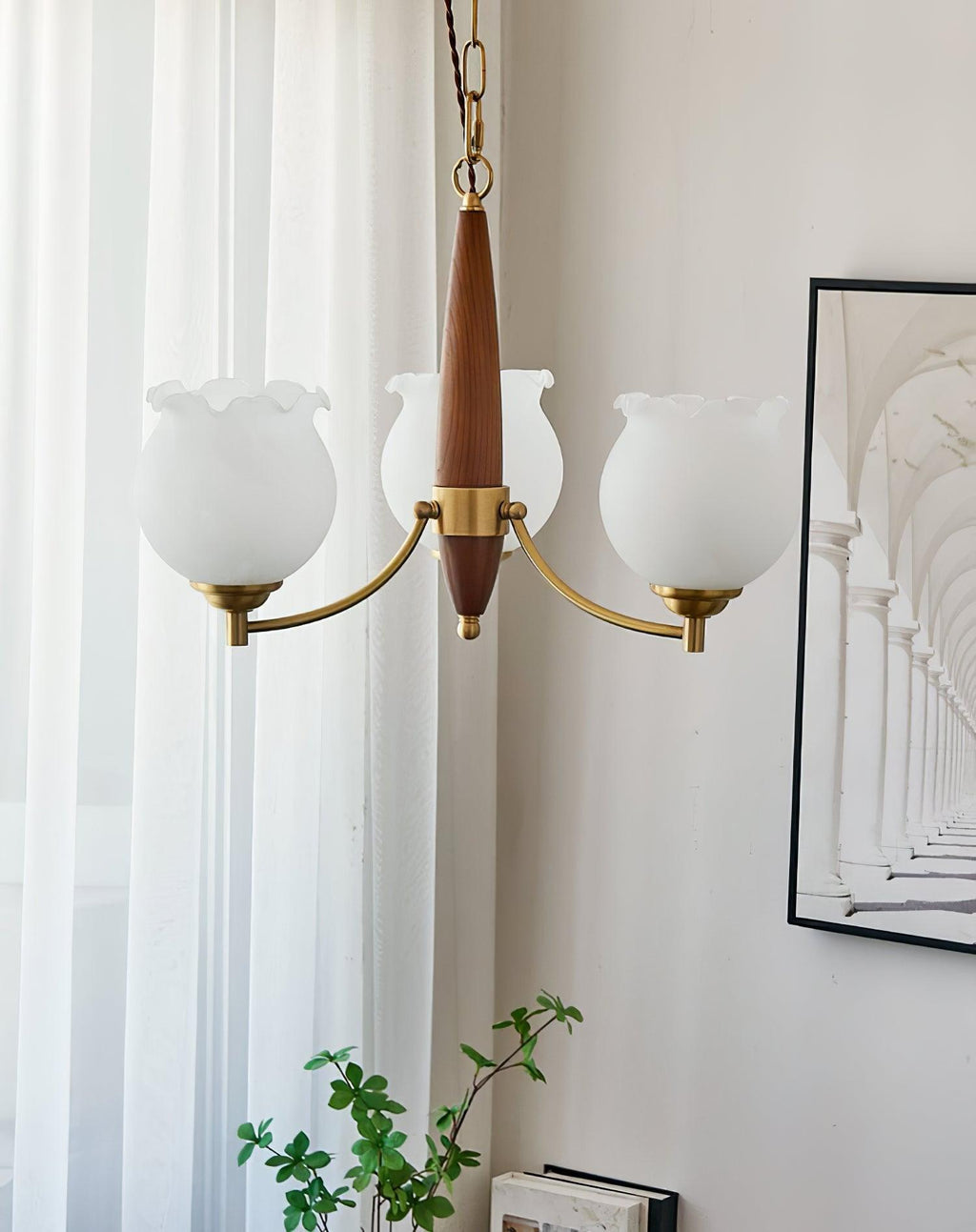 Lustra Chandelier en Verre, Bois et Laiton Vintage - Neutralighting