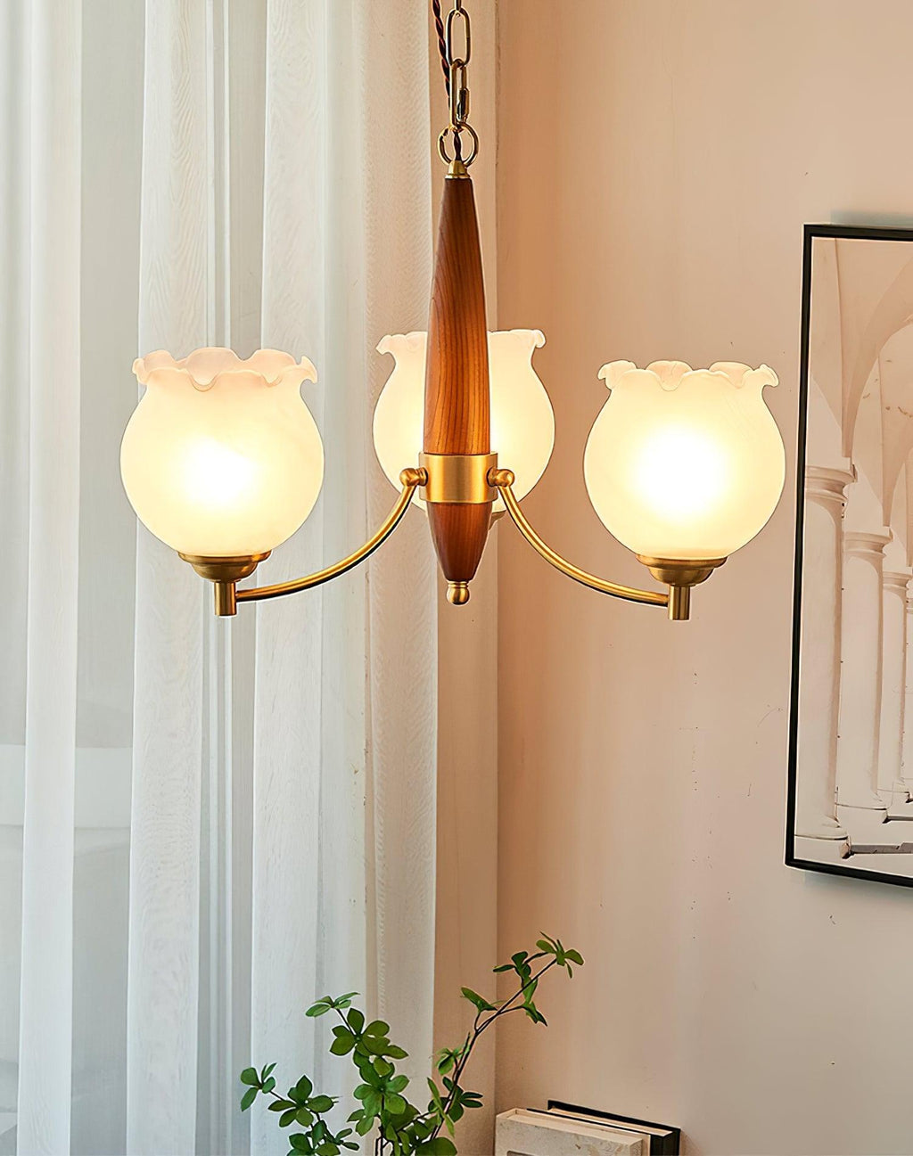 Lustra Chandelier en Verre, Bois et Laiton Vintage - Neutralighting