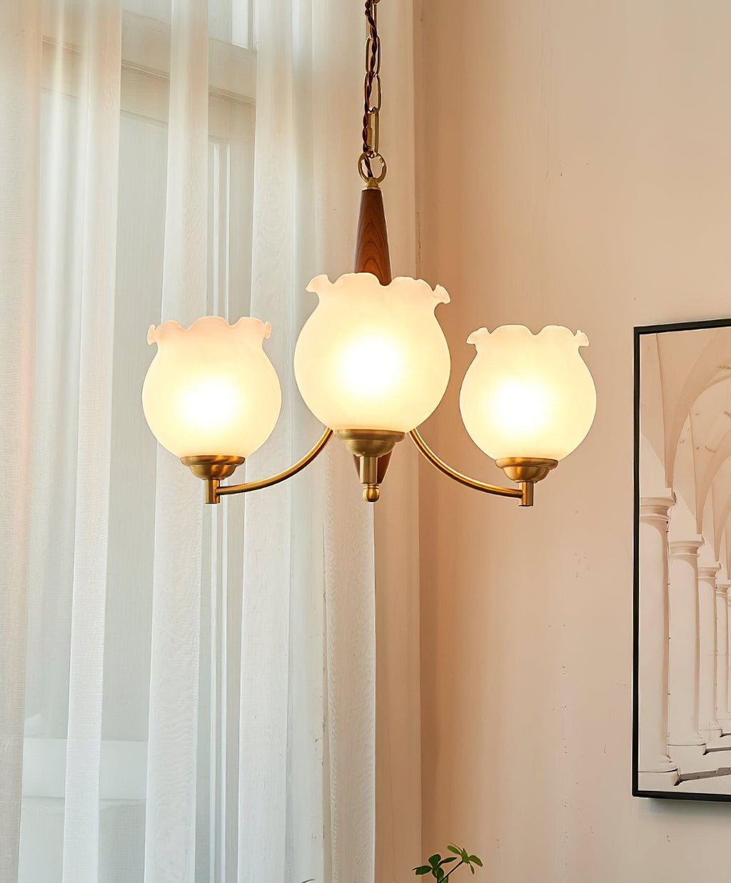 Lustra Chandelier en Verre, Bois et Laiton Vintage - Neutralighting