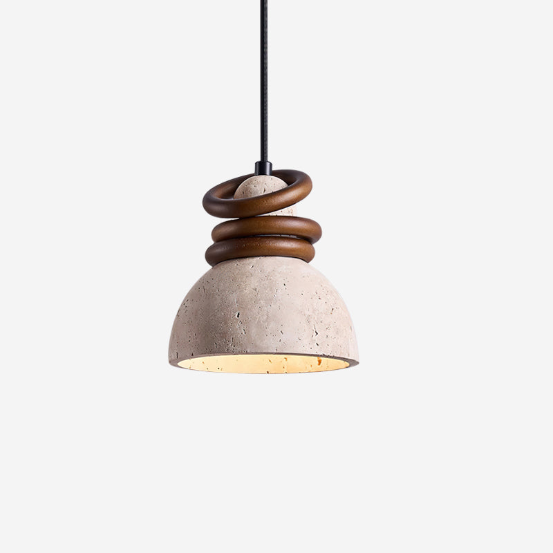 Lampe Suspension Dôme en Travertin Anneaux en Bois de Noyer Ambiance Minimaliste - Neutralighting