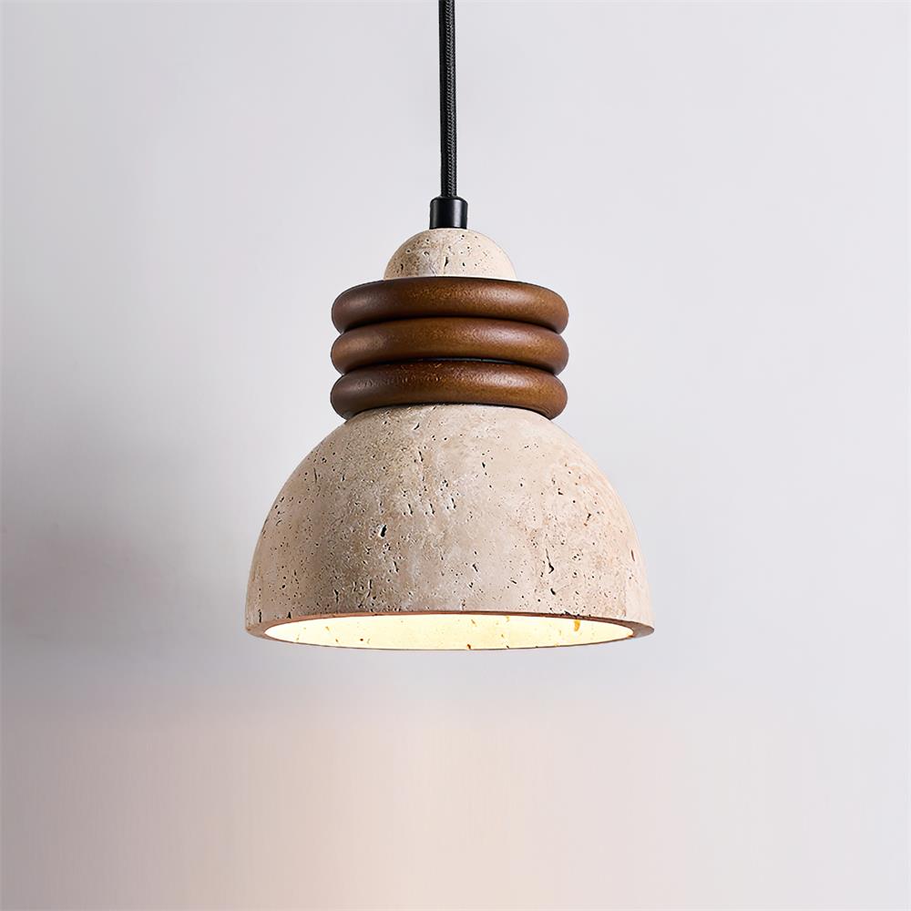 Lampe Suspension Dôme en Travertin Anneaux en Bois de Noyer Ambiance Minimaliste - Neutralighting