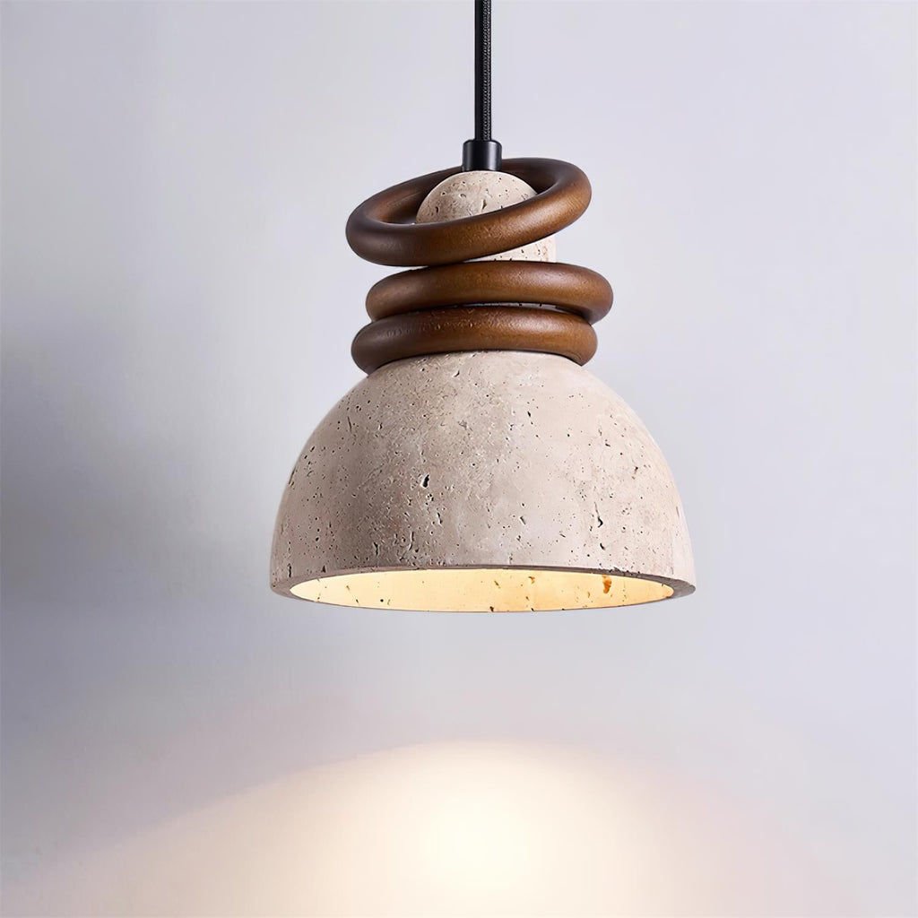 Lampe Suspension Dôme en Travertin Anneaux en Bois de Noyer Ambiance Minimaliste - Neutralighting
