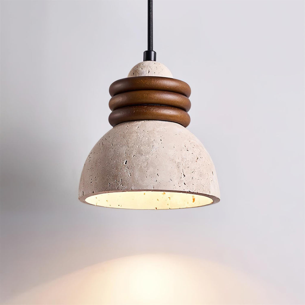 Lampe Suspension Dôme en Travertin Anneaux en Bois de Noyer Ambiance Minimaliste - Neutralighting