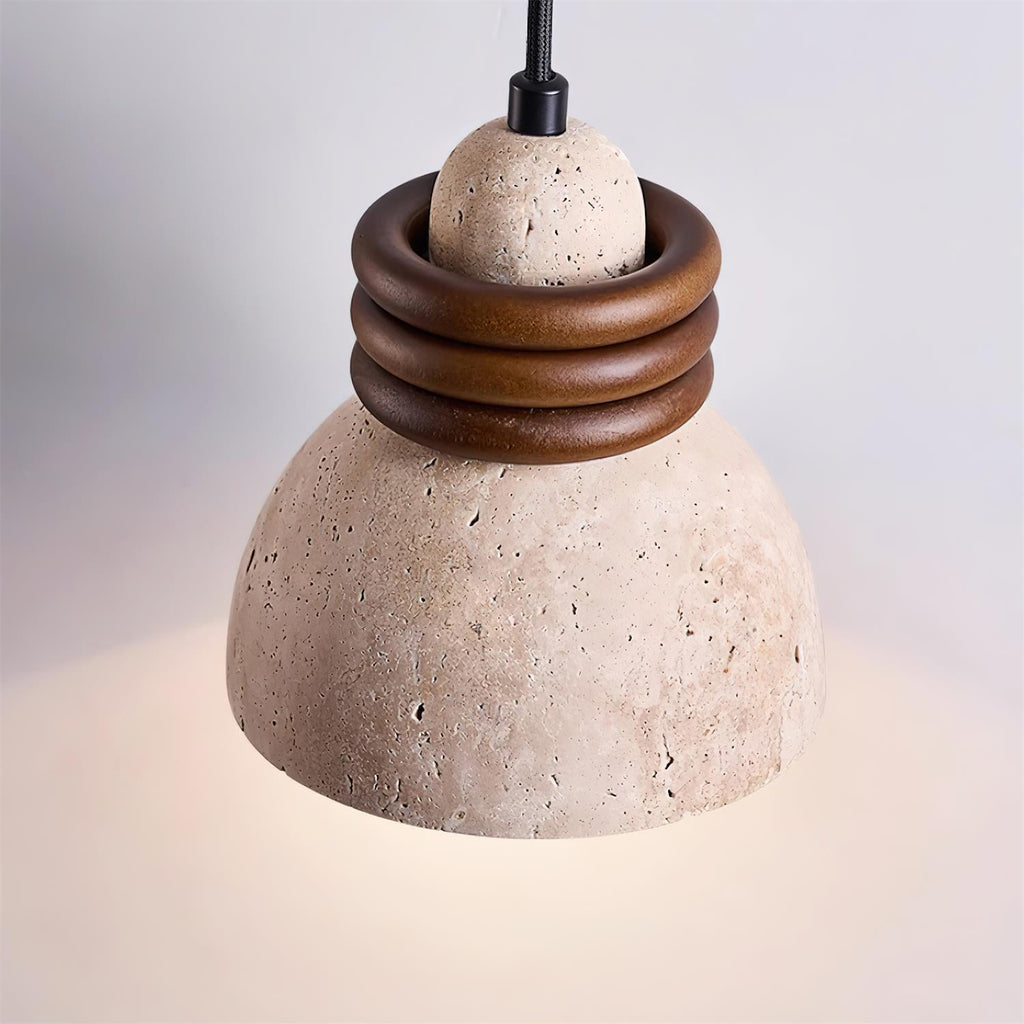 Lampe Suspension Dôme en Travertin Anneaux en Bois de Noyer Ambiance Minimaliste - Neutralighting