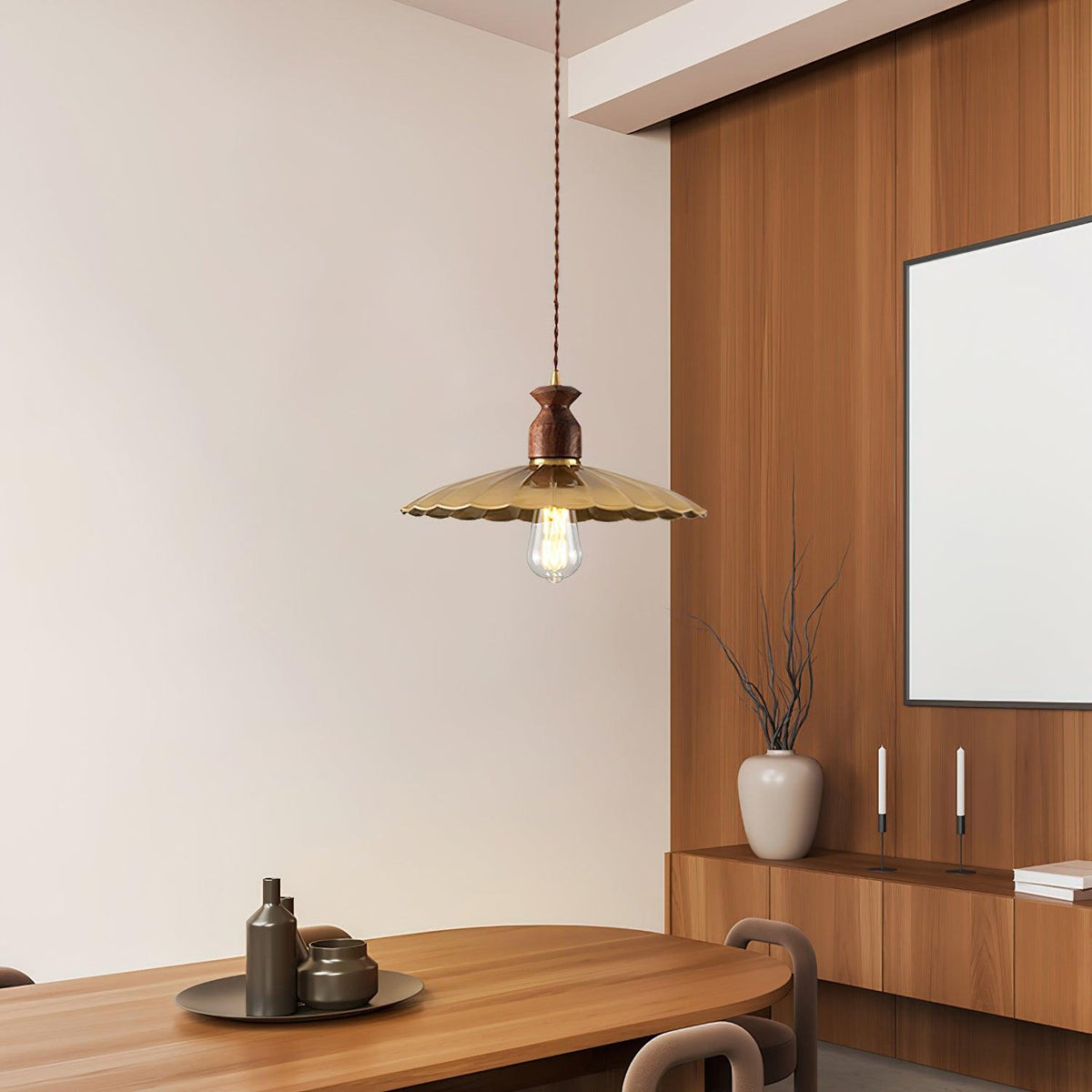 Virelli Lampe Pendante Abat-jour En Laiton Découpé Bois De Noyer Vintage - Neutralighting