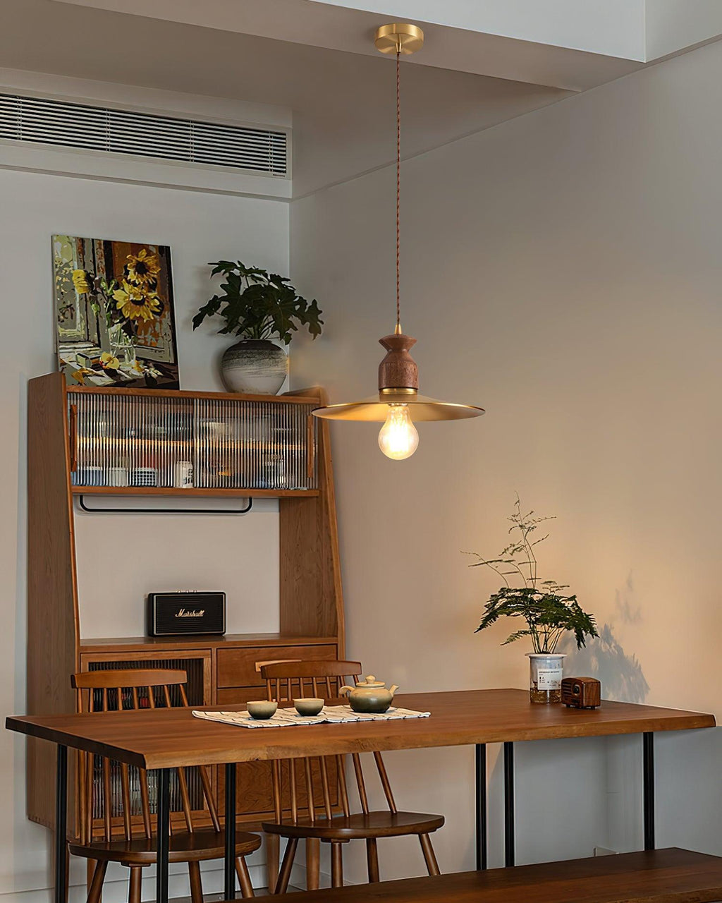 Virelli Lampe Pendante Abat-jour En Laiton Découpé Bois De Noyer Vintage - Neutralighting
