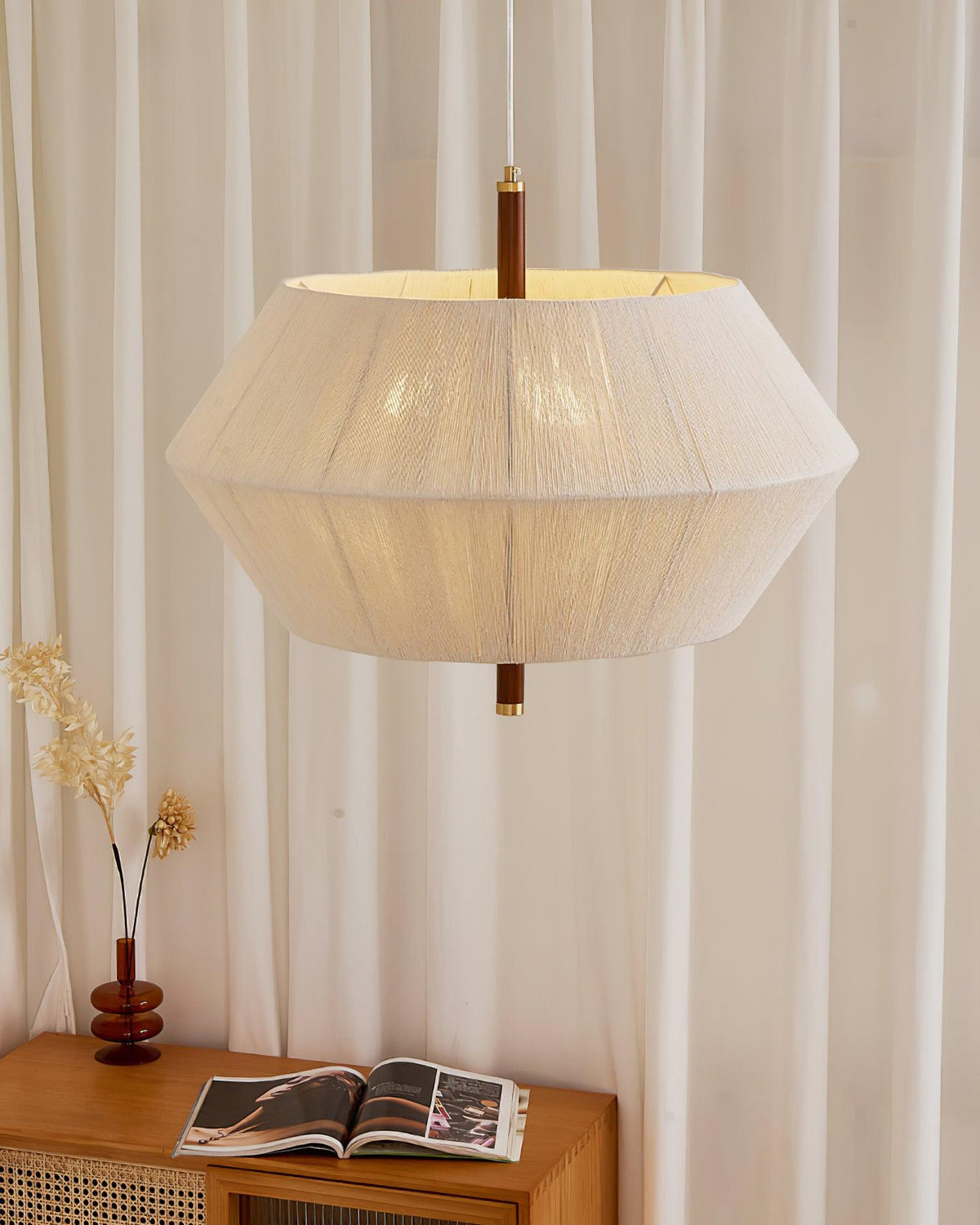 Lustra Suspension avec Abat-jour en Fil de Coton et Bois de Noyer Naturel - Neutralighting