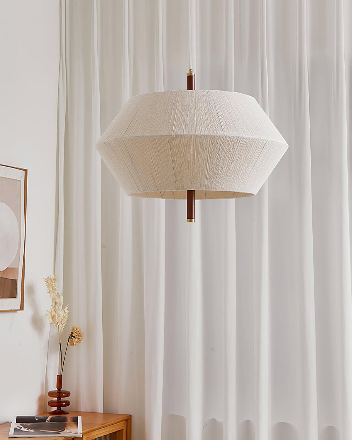 Lustra Suspension avec Abat-jour en Fil de Coton et Bois de Noyer Naturel - Neutralighting
