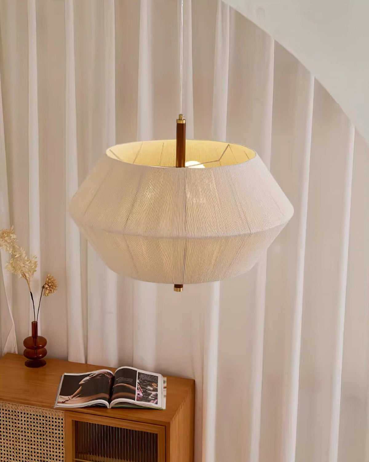 Lustra Suspension avec Abat-jour en Fil de Coton et Bois de Noyer Naturel - Neutralighting