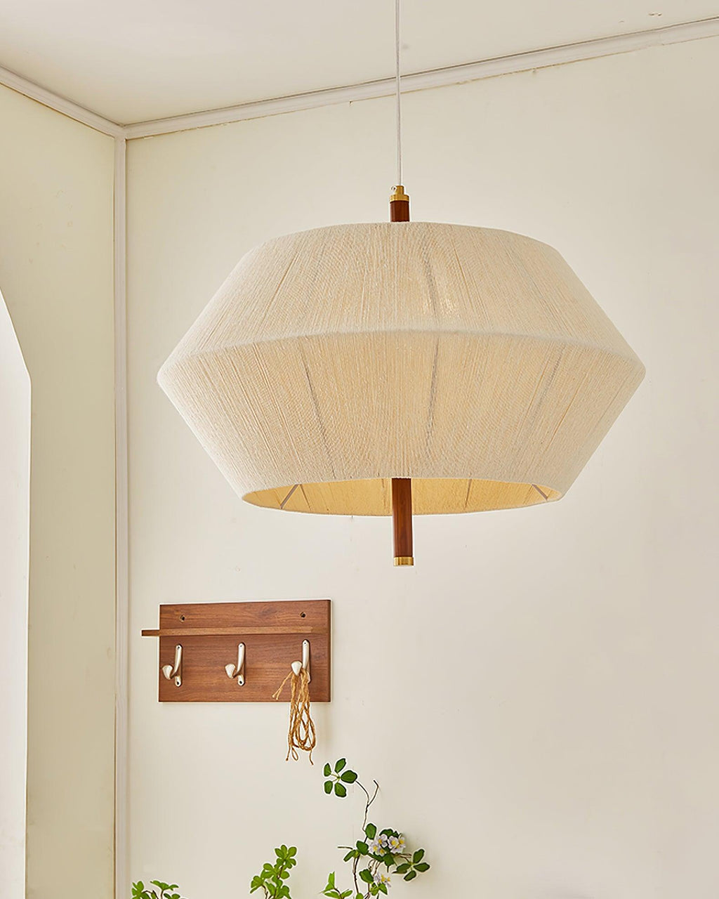 Lustra Suspension avec Abat-jour en Fil de Coton et Bois de Noyer Naturel - Neutralighting