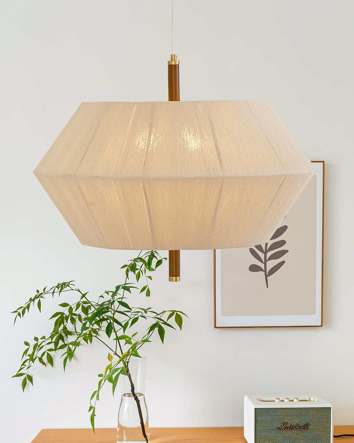 Lustra Suspension avec Abat-jour en Fil de Coton et Bois de Noyer Naturel - Neutralighting