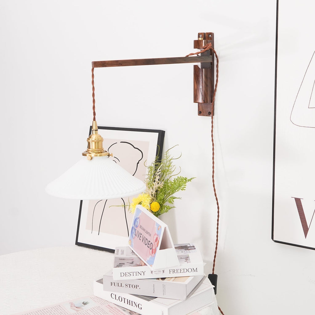 Illaee Nordic Art Swing Arm Walnut Ceramic Wall Light - Neutralighting