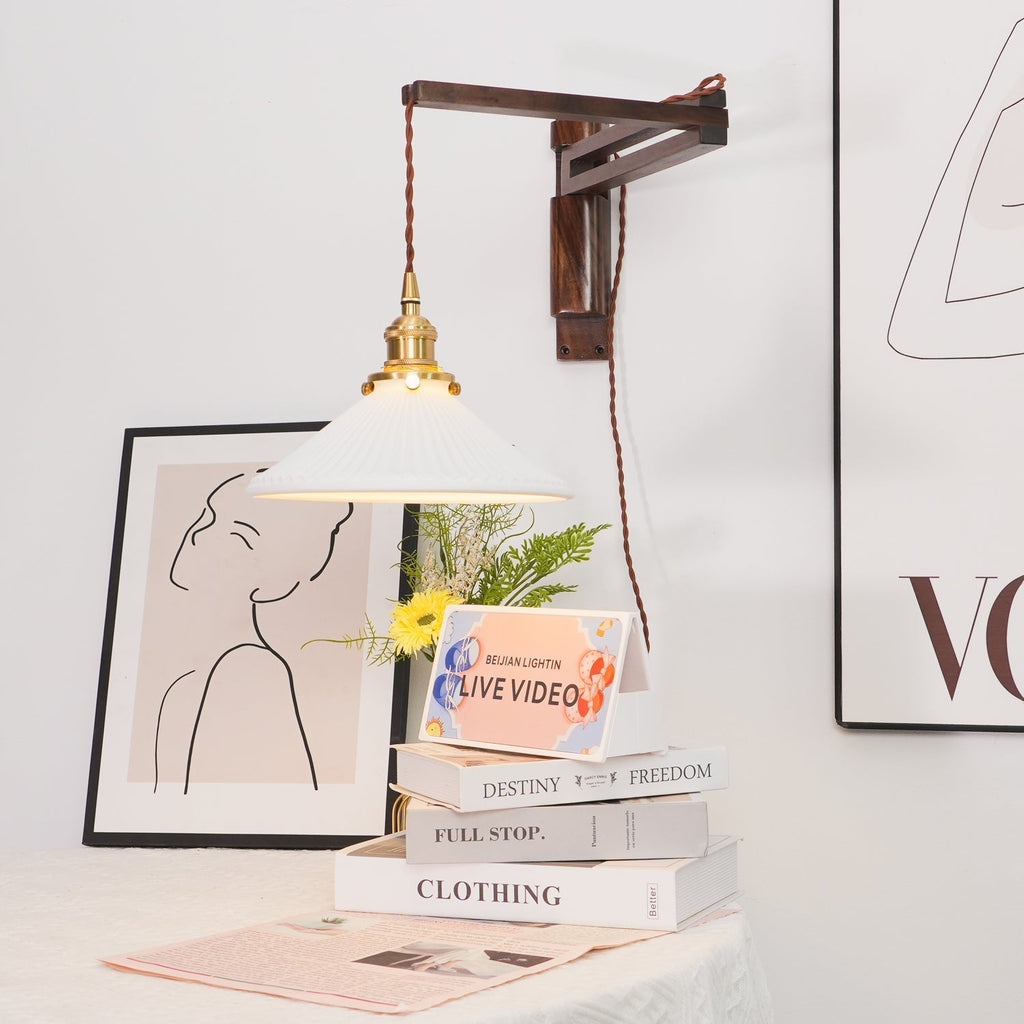 Illaee Nordic Art Swing Arm Walnut Ceramic Wall Light - Neutralighting